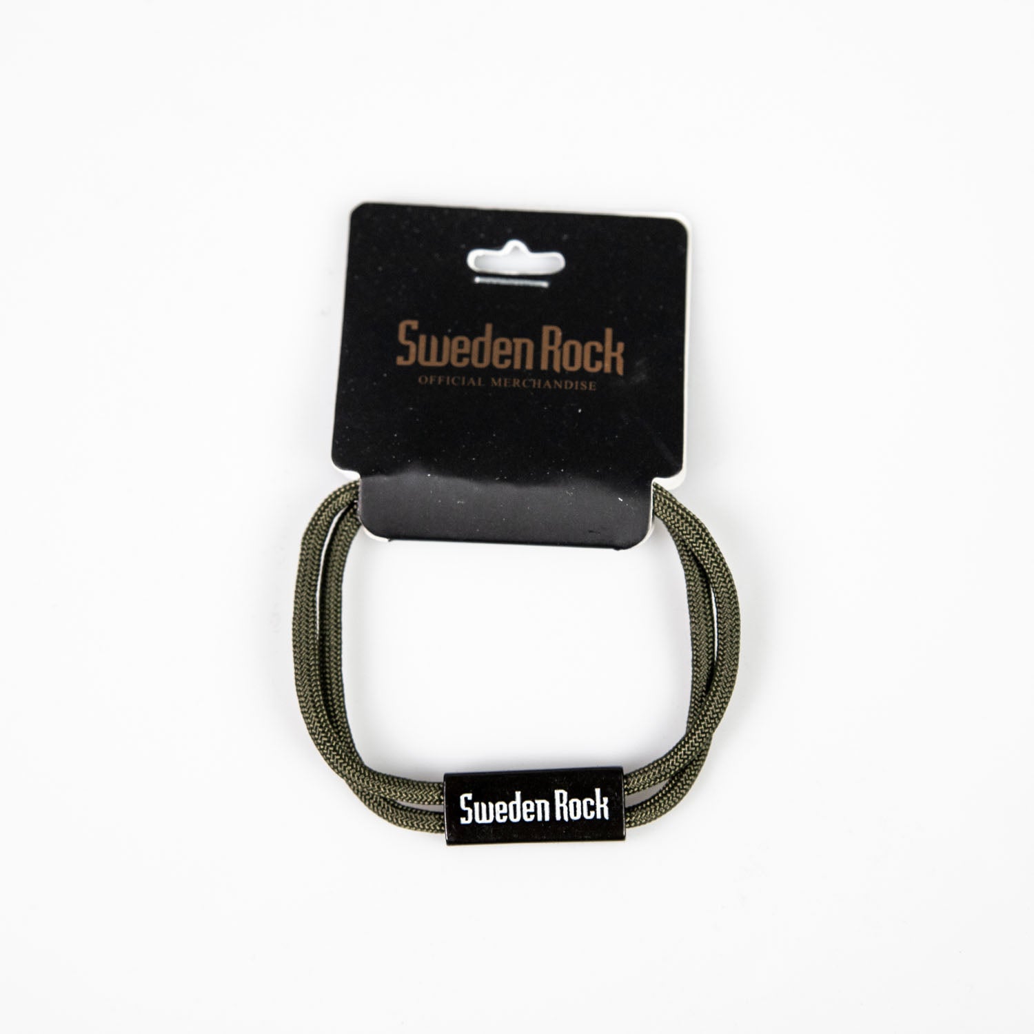 Grönt dubbelt armband med svart lås, märkt med Sweden Rock-logotyp i vitt
