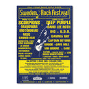 Affischen 1999, 50x70cm, har en blå och gul Sweden Rock-festivaldesign med en central gitarrgrafik och listar band som Scorpions, Deep Purple, Motörhead och Manowar tillsammans med eventdetaljer.