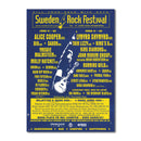 Poster 2000, 50x70cm är en blågul Sweden Rock Festival-affisch för Sölvesborg, 10-11 juni. På affischen finns Alice Cooper, Lynyrd Skynyrd, bandnamn, information om evenemanget och en djärv gitarristgrafik.