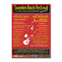 Poster 2002, 50x70cm-Sweden Rock Festival poster med röd bakgrund, vit text och gitarrmotiv. Med artister som Status Quo, Halford, Ted Nugent och Bruce Dickinson.