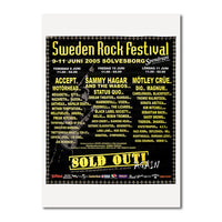 Affisch 2005, 50x70cm: En livfull Sweden Rock Festival affisch från Sölvesborg, 9-11 juni 2005, med huvudartisterna Accept, Sammy Hagar och Mötley Crüe. Meddelar att evenemanget är slutsålt.