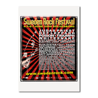 Postern 2008, 50x70cm har en röd och svart sunburst bakgrund, djärv gitarrgrafik och Sweden Rock banduppställning inklusive Judas Priest, Def Leppard, Poison, Triumph och Whitesnake.